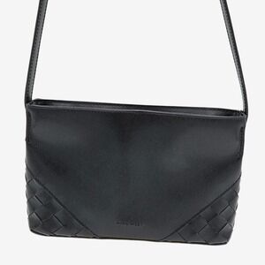 Nine West Black Leather Shoulder Bag Woven Corner Minimalist Purse Classic 90s